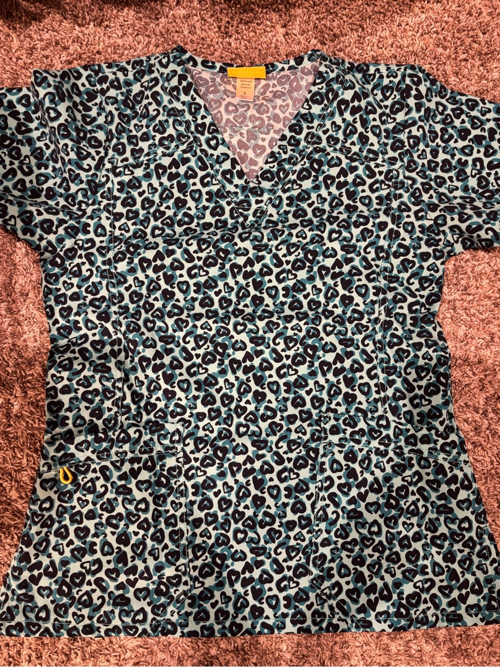 S Women's Teal Leopard Print Scrub Top